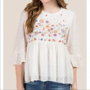 Francesca’s Bell Sleeves Floral Embroidered Dots Top Sz M thumbnail 1