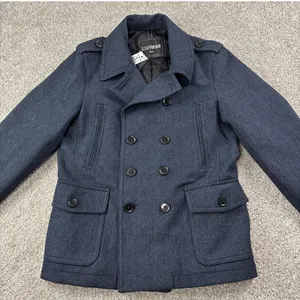 Express Size S Navy Herringbone Double Breasted Peacoat Jacket Military NWT thumbnail 1