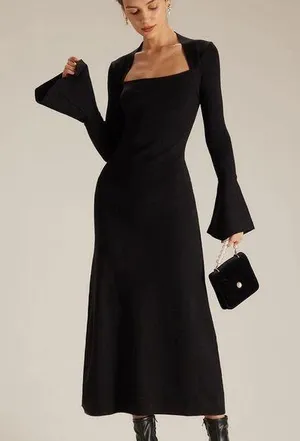 RIHOAS The Black Square Neck Flare Sleeve Midi Dress 72 thumbnail 1