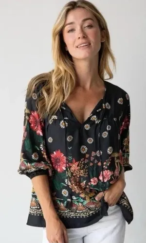 Natural Life Top Womens XL Maribel Mushroom Print Hippie Boho Black Floral Tunic thumbnail 1