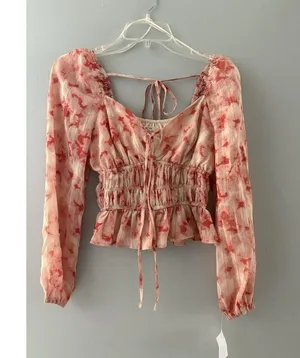 Dizzy Lizzy Blouse M Red Pink Smocked Milkmaid Peasant Boho Festival Hippie New thumbnail 14