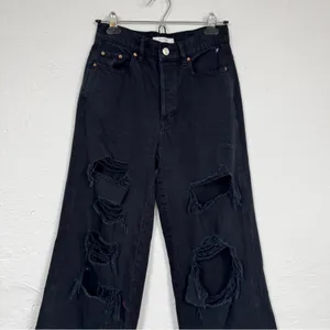 Pacsun Black Distressed Baggy Jeans Womens 25 Button Fly Casual Wide Leg Denim thumbnail 4