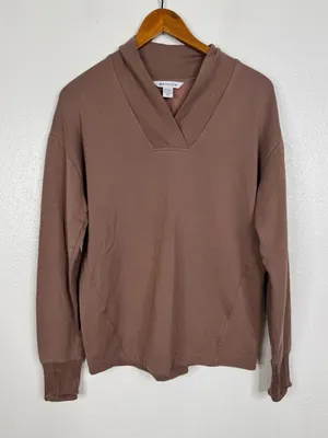 Athleta Coaster Luxe V-Neck Sweatshirt‎ Brown Mauve Fleece Pullover XS 466781 thumbnail 1