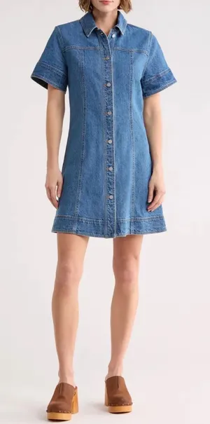 Habitual Blue Denim Mini Shirt Dress‎ Short Sleeve Button Front XL thumbnail 1