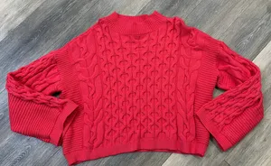 Anthropologie Cable Knit Sweater Red Cropped Cozy Cottagecore Large thumbnail 1