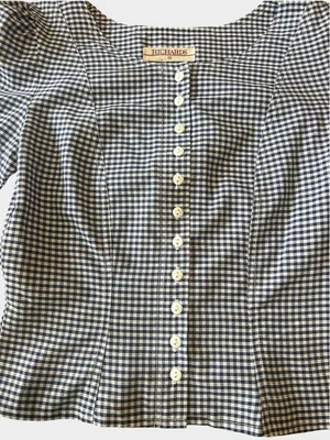 Vintage Richards Navy Gingham Puff Sleeve Button Blouse UK 10 US 6 thumbnail 3