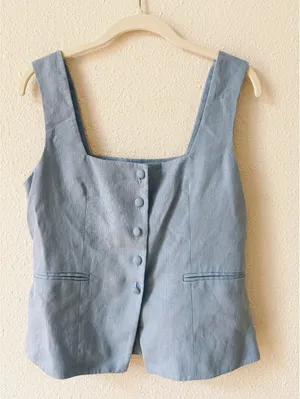 Sézane Zelinda Blouse Light Blue Linen Vest Size 38 US 6 Minimalist Coastal thumbnail 1