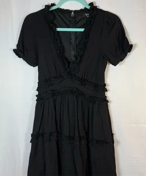 Trixxi Dress Womens Size S Black V-Neck Tiered Mini Puff Sleeve Ruffle thumbnail 1