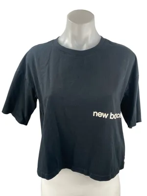 New Balance Women's Black Logo Spellout Short Sleeve Boxy Athletic T Shirt Top M thumbnail 1
