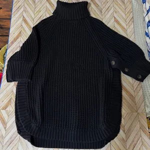 J.Crew Black Turtleneck Button Chunky Knit Poncho Sweater XS Roll‎ Neck Cotton thumbnail 2