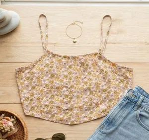 Altar'd State Floral Tie Back Crop Cami Tank Top Yellow Pink Boho Retro‎ Medium thumbnail 1