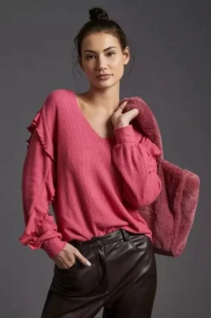 Pilcro and the Letterpress Anthropologie Pink Waffle Knit Ruffle Sleeve Thermal‎ V-Neck Top Small thumbnail 1