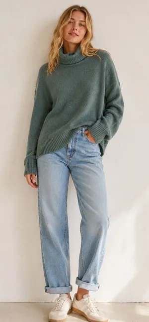 Aerie Turtleneck Sweater Women Small Green Fuzzy Knit Side Slit Lounge Outdoor thumbnail 1