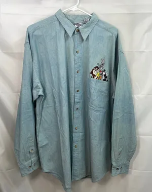 Vintage ACME‎ light wash blue denim embroidered looney tunes button cotton shirt thumbnail 1