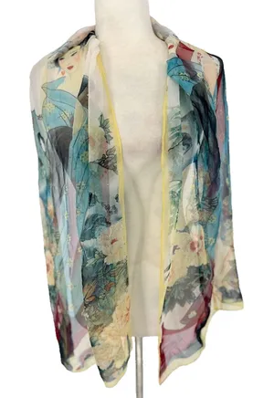 Silk Blend Scarf Asian Geisha Floral Print 66 x 19 Rectangle Art‎ Wall Decor thumbnail 1