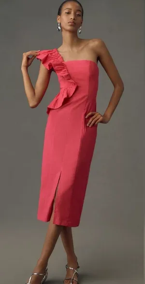 NWT By Anthropologie One-Shoulder Ruffle Linen Column Midi Dress pink‎ sz XL thumbnail 1