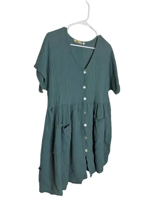 ✨Camille & Co Made In Italy Cotton Gauze Babydoll Dress‎ Size M Teal Boho✨ thumbnail 6