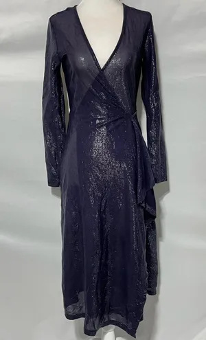 & Other Stories Sheer Metallic Long Sleeve Midi Wrap Dress Navy Blue Size 2 thumbnail 4