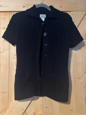 L.L. Bean Black Cable Knit Short Sleeve 100% Cotton Cardigan‎ Sweater Small thumbnail 4