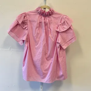 Patty Kim Pink White Striped Ruffle Neck Tiered Sleeve Blouse Medium Boho thumbnail 3