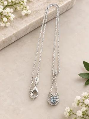 Estate Sterling Silver 925 Halo Pendant Blue Stone w/Sterling Plate Chain thumbnail 3