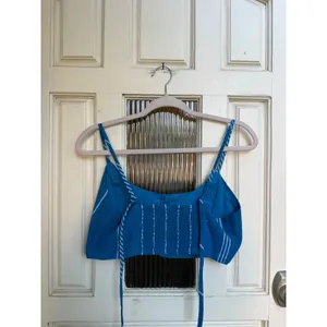 Free People Blue White Striped Button Front Smocked Back Cotton Crop Top Small thumbnail 5