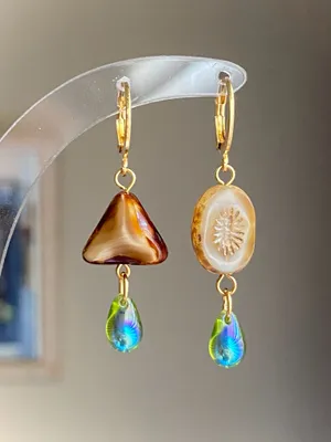 Handmade unique retro vintage fairy boho style dangle earrings w/ quality Czech glass beads mix 🌀🍃💛 thumbnail 1