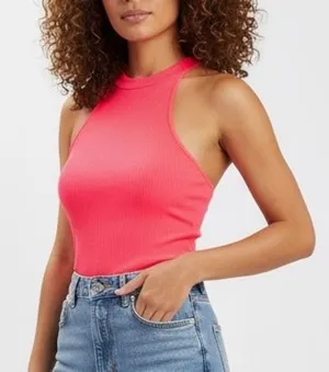 Free People Ribbed Racerback Tank Top Neon‎ Coral Pima Cotton Blend Size XS thumbnail 1