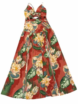 THE SANG Terracotta Tropical Floral Cutout Plunge Maxi Dress thumbnail 1