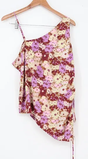Open Edit Top Womens L Asymmetrical One Shoulder Floral Purple Side Cinch thumbnail 1