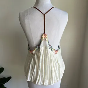 Free People Island Time Floral V Neck Tank Top Ivory Leather Straps thumbnail 3