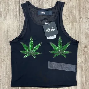 NEW! Iron Fist Sheer Black Mary Jane Green Sequins Cropped Tank Top Size MEDIUM thumbnail 1