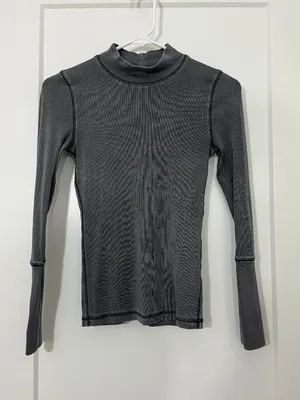 Free People XS Grey Ribbed Mock-Neck Long-Sleeve Top thumbnail 1