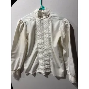 Rhapsody Womens Cream Lace Trim Mock Neck Puff Sleeve Blouse Top Made in‎ USA thumbnail 2