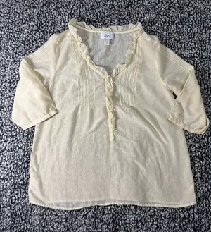 LOFT Cream Ruffle V-Neck Pintuck Pleated Short Sleeve Blouse Preppy Size M thumbnail 1