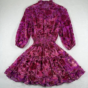 o.p.t Womens Floral Burnout Velvet Mini Dress Magenta Pink Smocked‎ Waist XS thumbnail 11
