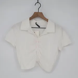 Zara Crop Shirt Womens S White Cotton Ruched Detailing Spread Collar Button Up thumbnail 2