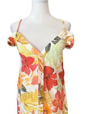 Zara Floral Linen Dress Button Front Womens Size Small thumbnail 5