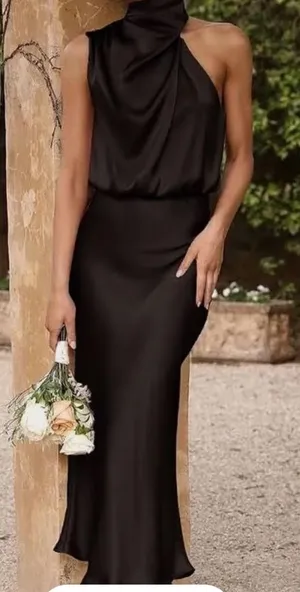 Btfbm Sleek Black Sleeveless Satiny Dress keyhole button closure ladies Med thumbnail 1