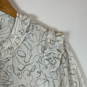Cabi 4232 Women White Blue Abstract Scribble Ruffle‎ Collar Button Blouse Large thumbnail 7