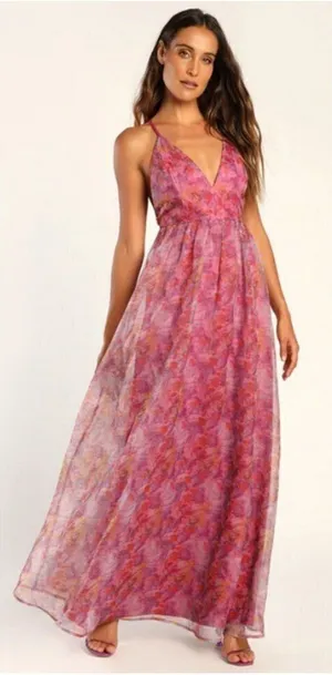 💕LULUS💕 Bloom Wildly Magenta Floral Organza Maxi Dress ~ Floral Print M NWT thumbnail 1