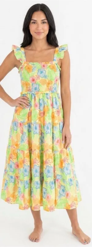 NWOT Ruffle Butts Women’s Hawaiian Floral Smocked Cotton Sun Dress Sz L 💛🎀 thumbnail 1