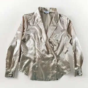 Rihoas Satin Wrap Blouse Small Gold Long Sleeve Button Cuff Collared Dressy Top‎ thumbnail 1