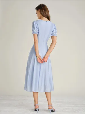 Rihoas Light Blue V-Neck Puff Sleeve Midi Dress thumbnail 5