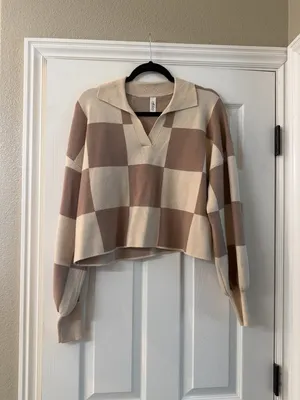 Mahina COlor Block Neutral Crop Collared Sweater Top Size Small Check thumbnail 2