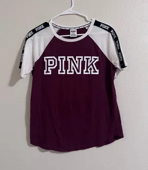 PINK Victoria's Secret Burgundy Raglan Tee with White Trim thumbnail 1