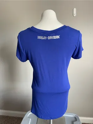HARLEY DAVIDSON | Blue Short-Sleeve Scoop Neck Top with Beaded Trim Sz M thumbnail 6