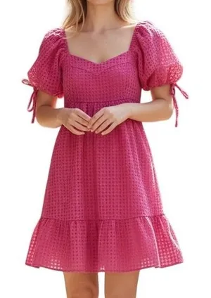 Entro Pink Gingham Puff Sleeve Smocked Ruffle Dress Coquette‎ Girly Size Small thumbnail 1