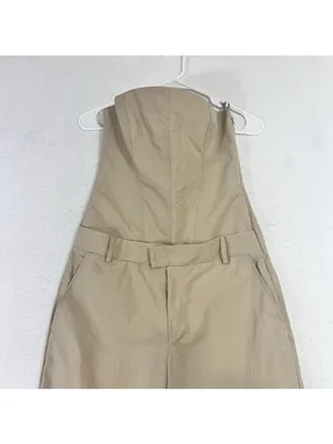 Zara Strapless Jumpsuit Off The Shoulder Wide Leg Khaki Size S Blogger Fav New thumbnail 9