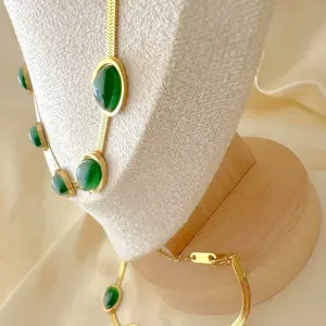 18K Gold Plated Emerald green snake Necklace SET Stainless Steel womens jewelry thumbnail 7